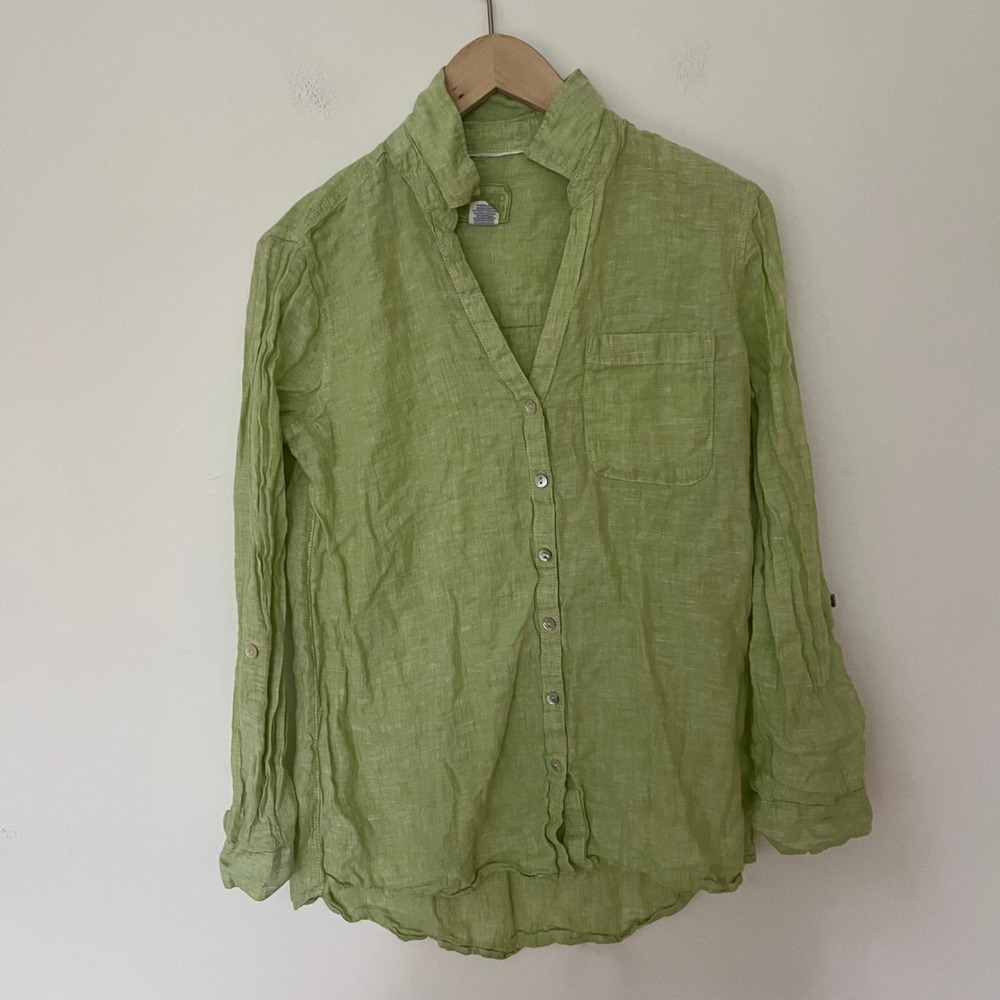 Sigrid Olsen Womens Small Lime Green 100% Linen Button Down Up Roll Sleeve Shirt - Picture 1 of 10